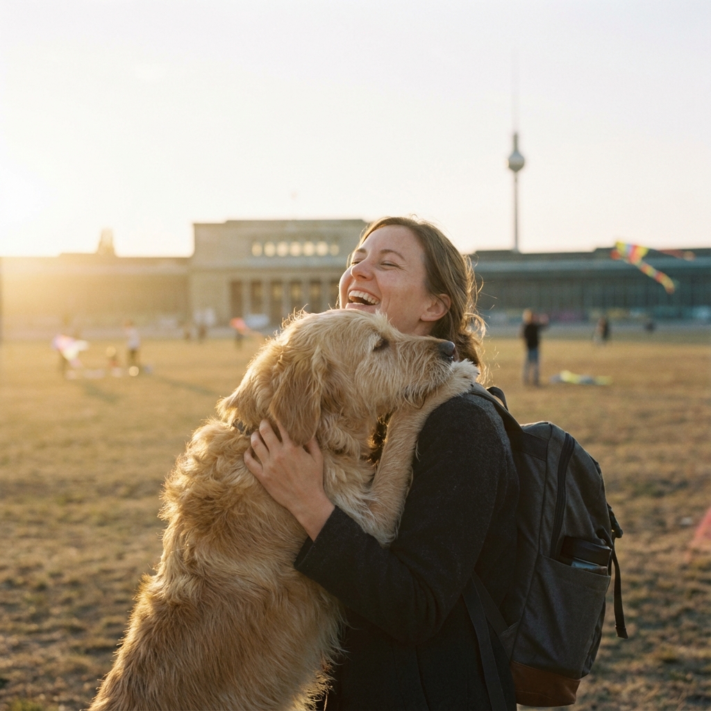 Expat owner hugging dog in Berlin