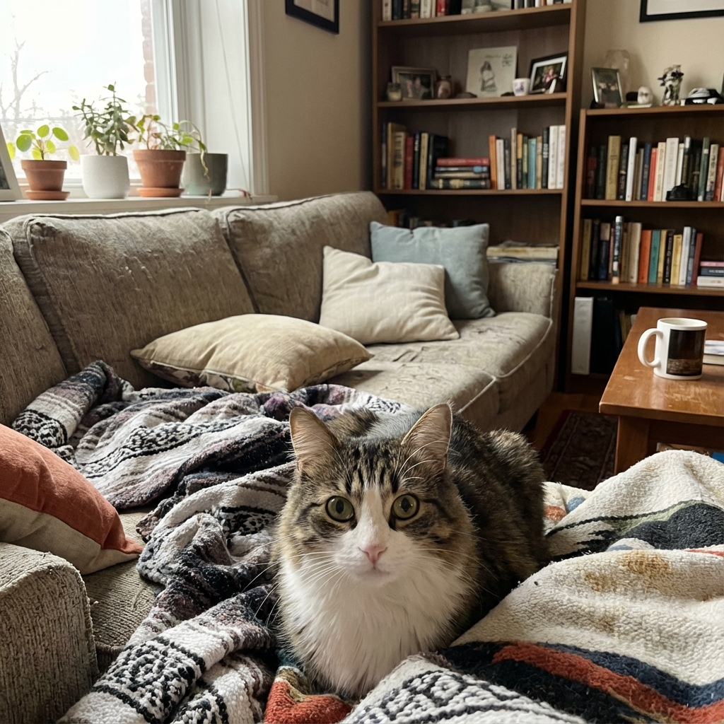 A calm, happy cat sitting on a sofa